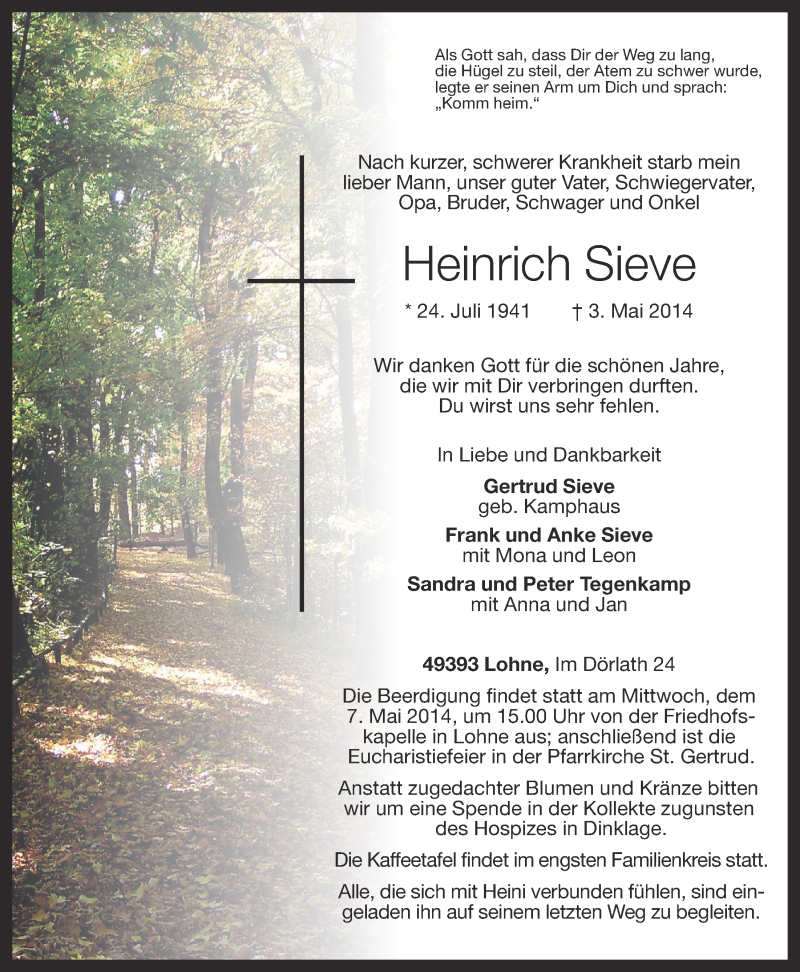  Traueranzeige für Heinrich Sieve vom 05.05.2014 aus OM-Medien